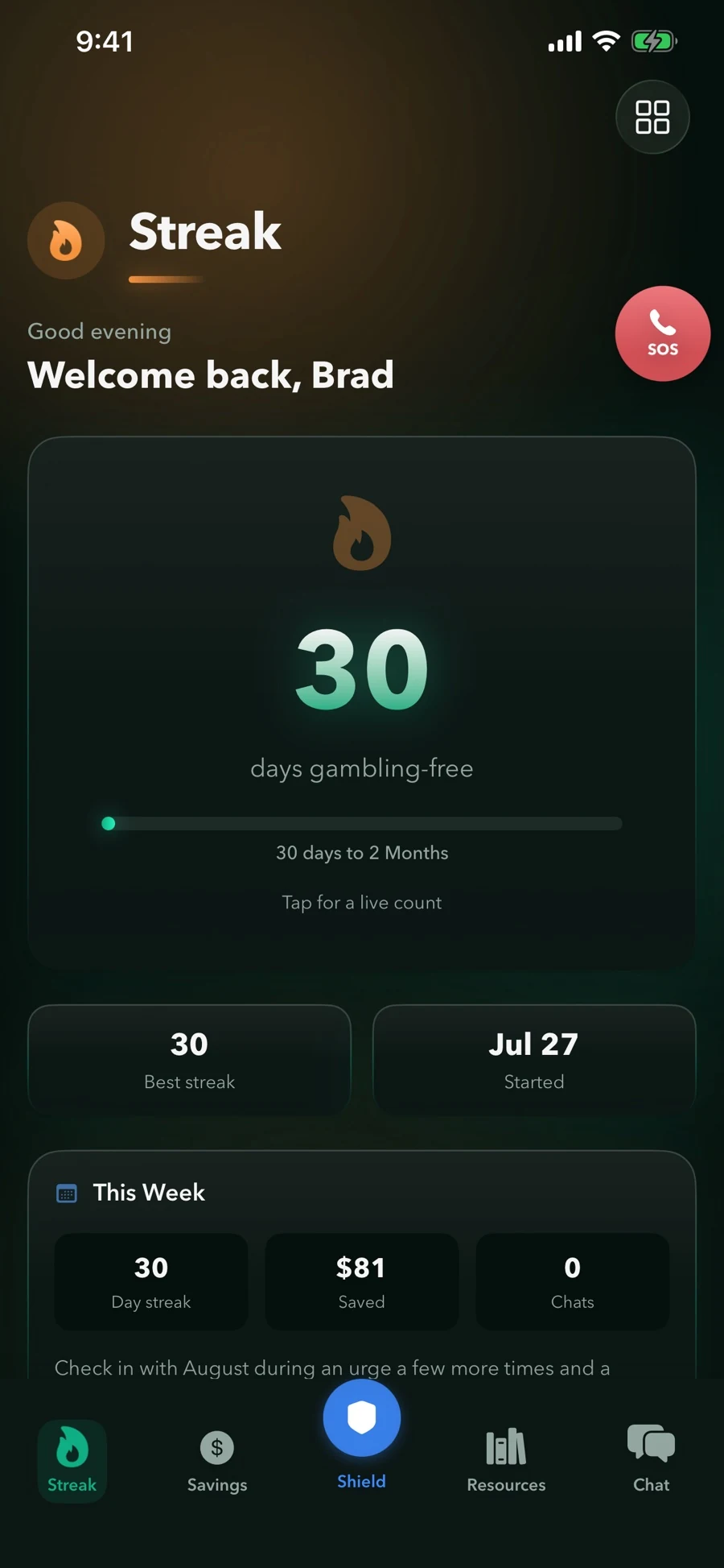 UrgeShield streak screen showing a running gambling-free day count